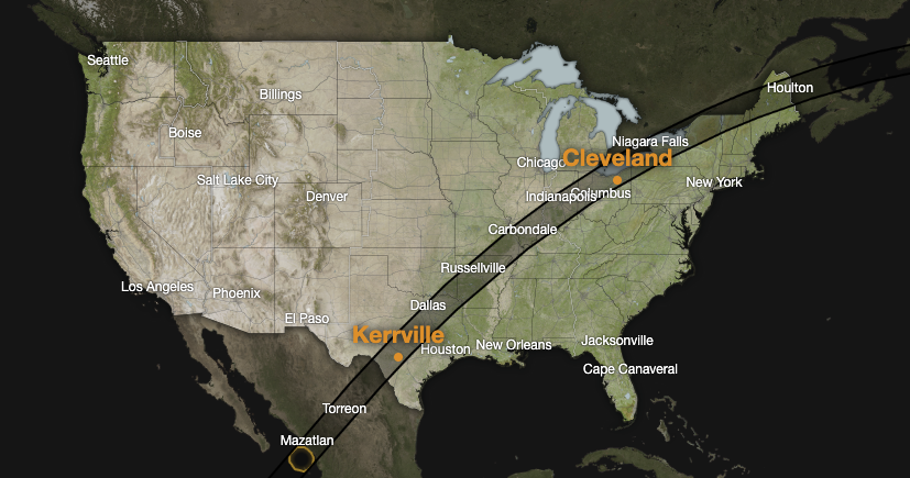 Map of continental USA showing the path of totality for the April 8, 2024 solar eclipse.